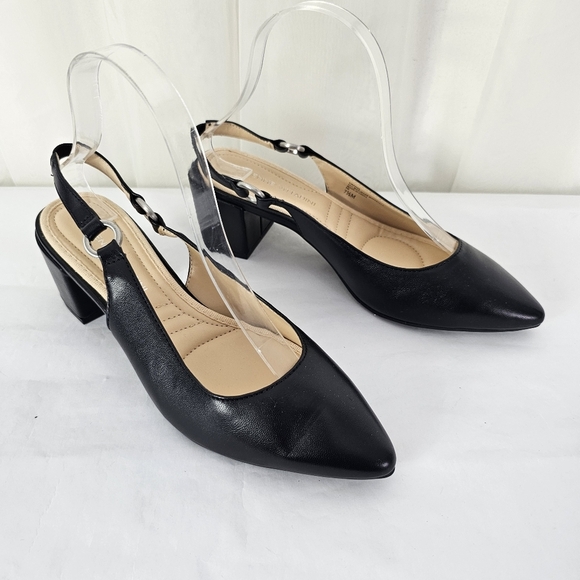 Adrienne Vittadini Black Leather Pointed Toe Sling Back Block Heel Size 7.5 - Picture 1 of 12